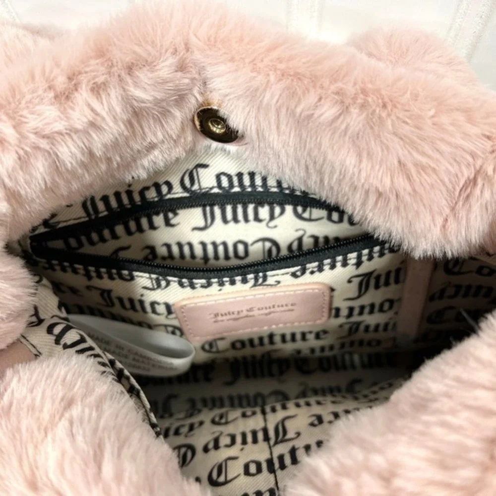 Juicy Couture Fluffy Mini Tote Bag Purse Handbag Blush Pink Bling Heart Spellout